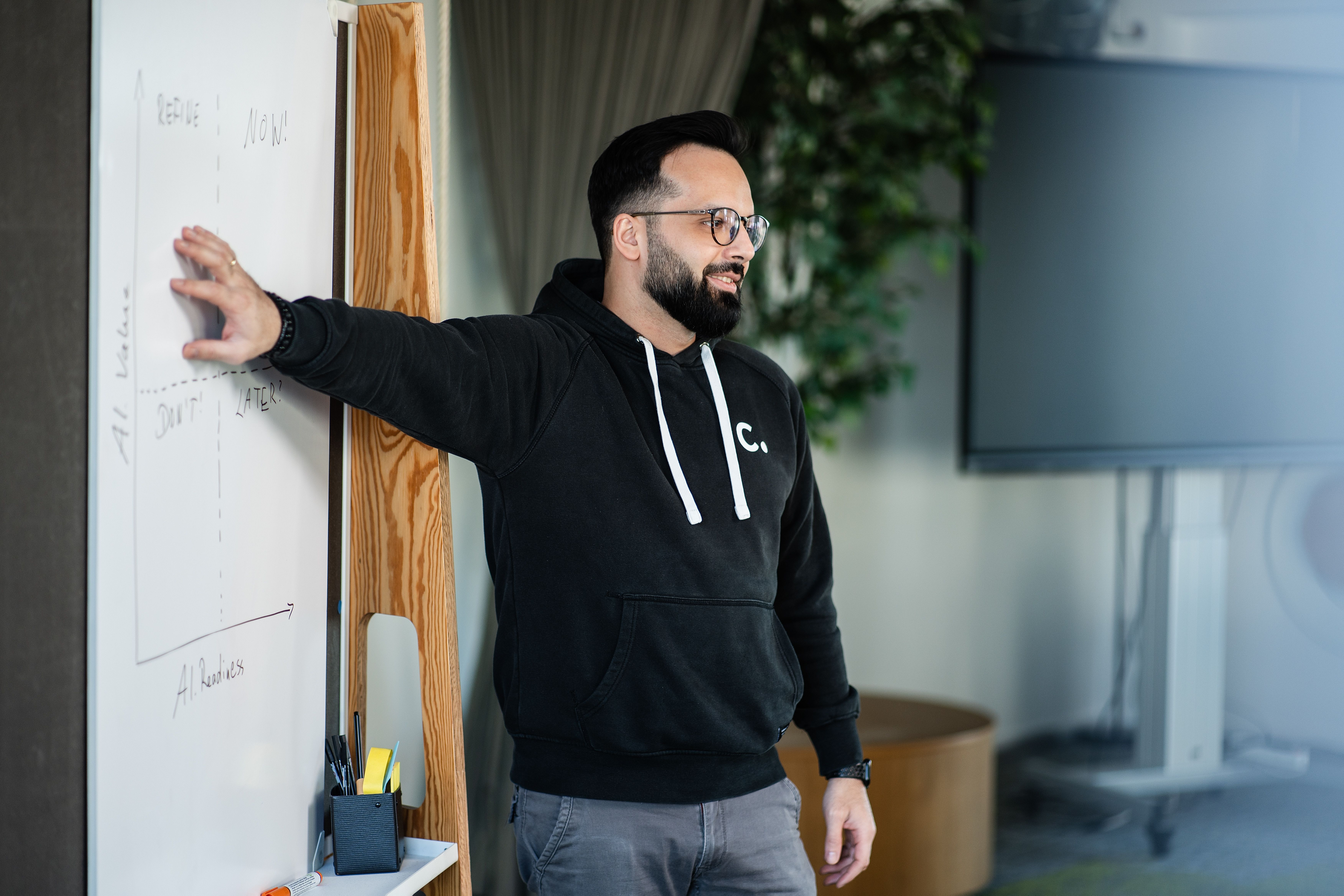 Person im Conciso-Hoodie steht am Whiteboard und zeigt auf eine handgezeichnete Matrix mit den Achsen AI Value und AI Readiness