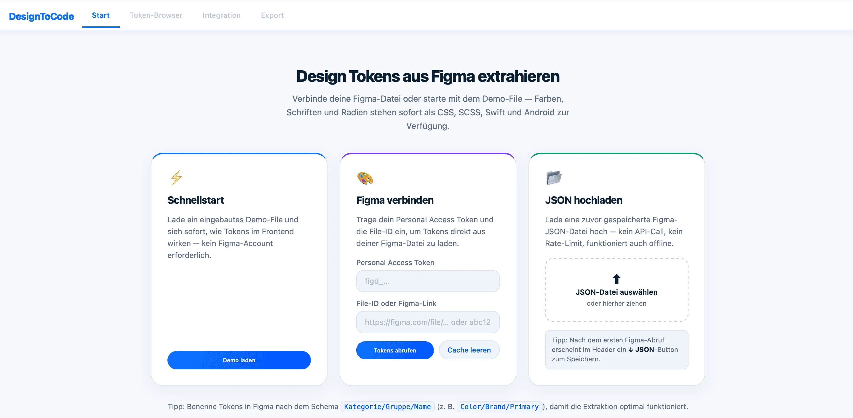 Startansicht der Design-to-Code-Anwendung zum Extrahieren von Design Tokens aus Figma mit Optionen für Schnellstart, Figma-Verbindung und JSON-Upload