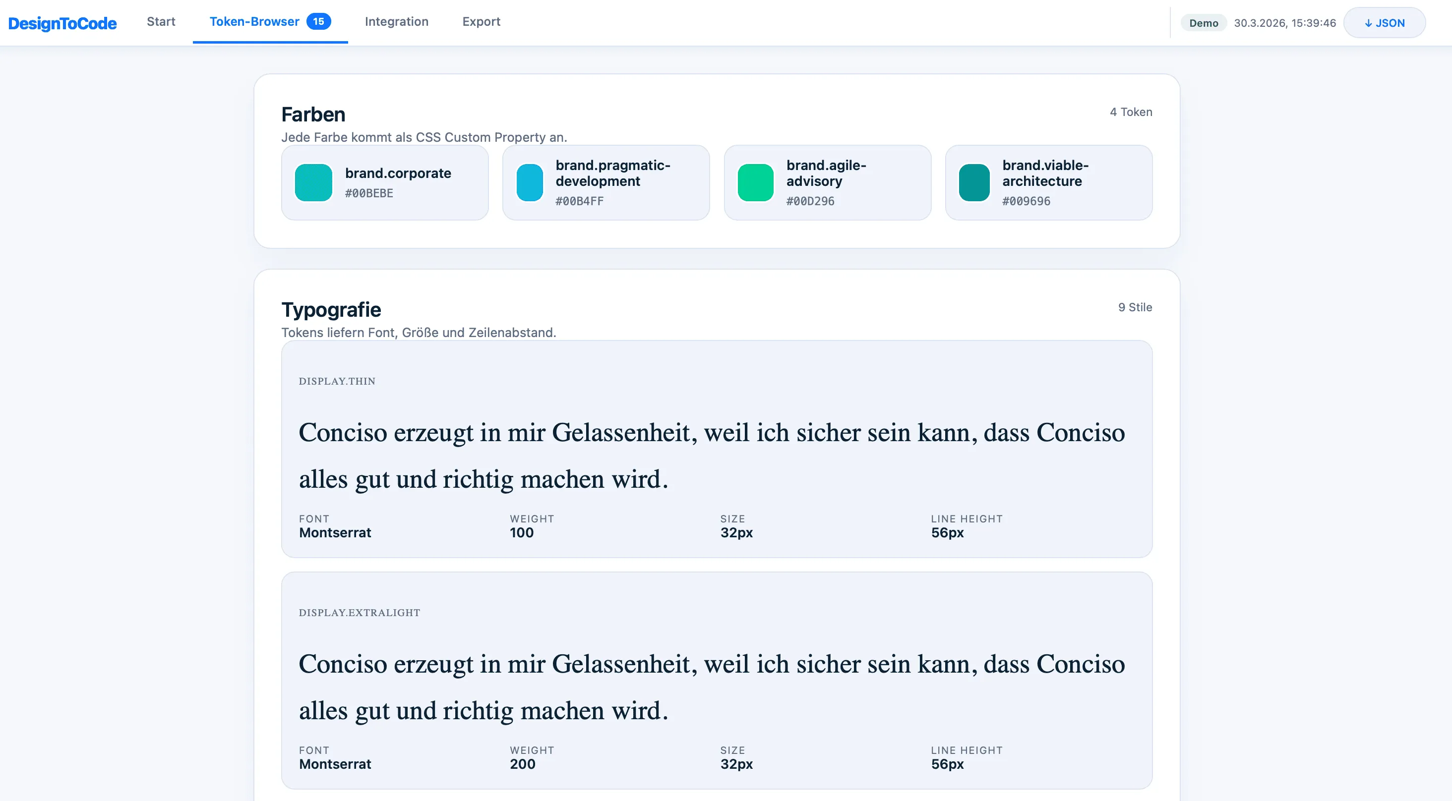 Token-Browser mit extrahierten Design Tokens aus Figma, dargestellt als Farben und Typografie-Stile mit Vorschau und CSS-Zuordnung