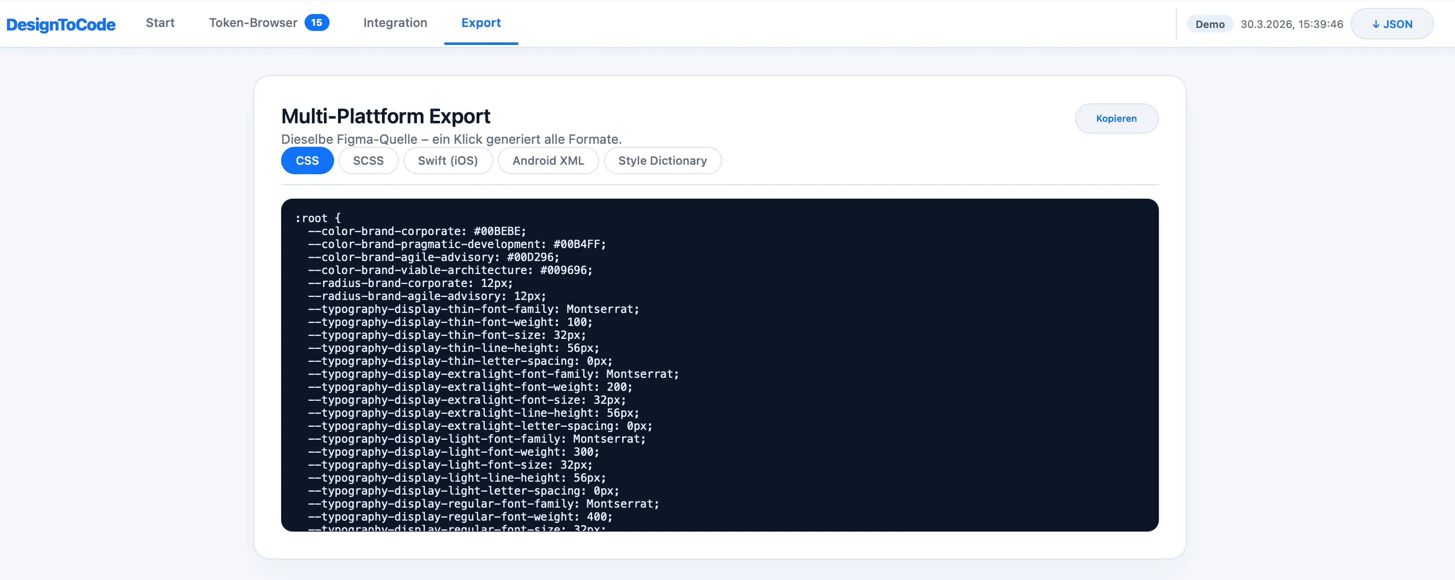 Multi-Platform-Export von Design Tokens als CSS-Variablen im :root-Block zur direkten Nutzung im Frontend